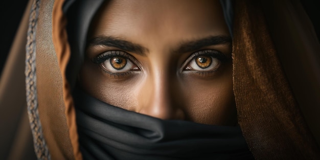 closeup of a veiled woman with gold eyes, creative ai