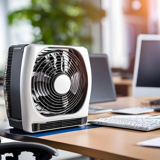 Closeup of ventilator fan cooler on office desk or table blurred businessman working on laptop