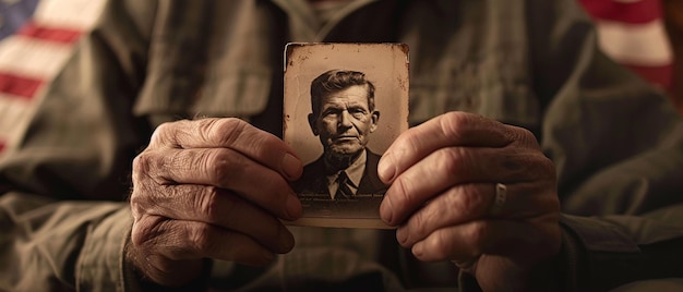 Closeup of Veterans Hands Holding Photograph