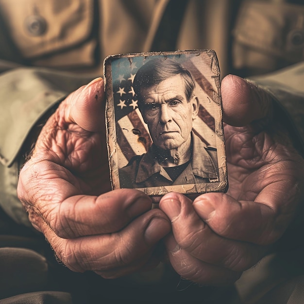 Closeup of Veterans Hands Holding Photograph