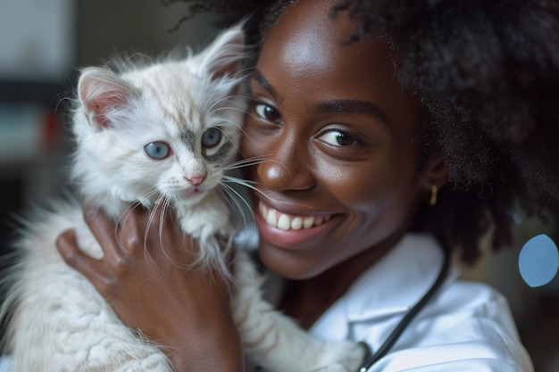 closeup veterinarian african american woman smiling holding cute fluffy white kitten in pet clinic