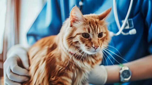 Photo closeup of veterinarian holding a ginger cat during checkup