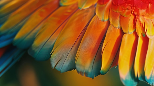 Closeup of vibrant bird feathers displaying a stunning gradient of reds oranges and blues in rich detail