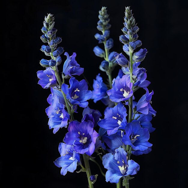 Photo closeup of vibrant blue delphinium flowers against a black background