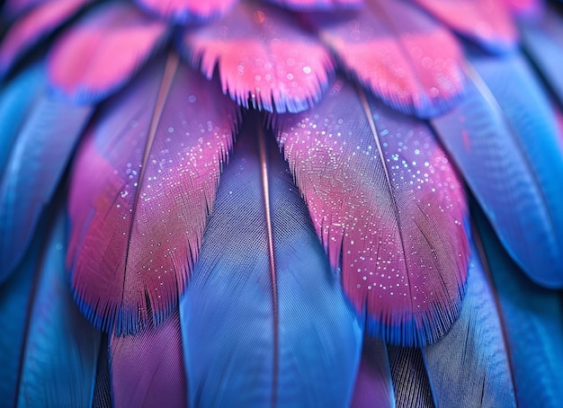 Photo closeup of vibrant blue and pink feathers