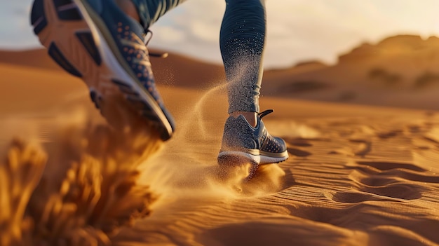 CloseUp of Vibrant Blue Running Shoes Jumping in Sand Capturing Dynamic Motion Against Desert Back