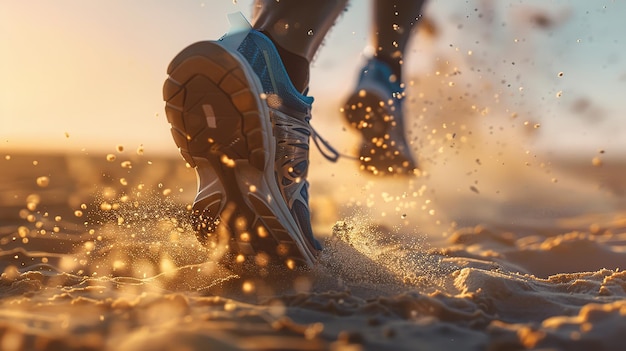 CloseUp of Vibrant Blue Running Shoes Jumping in Sand Capturing Dynamic Motion Against Desert Back