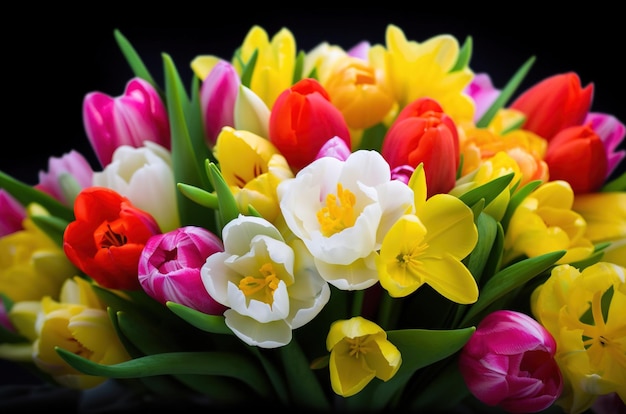 A closeup of a vibrant bouquet with spring tulips and other delicate flowers