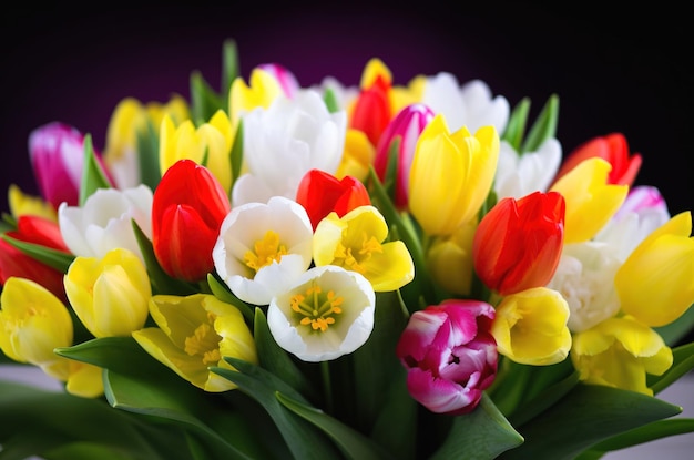 A closeup of a vibrant bouquet with spring tulips and other delicate flowers