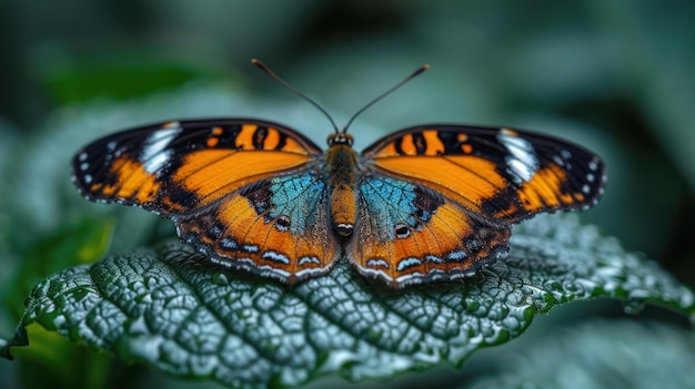 Closeup of a vibrant butterfly on a leaf