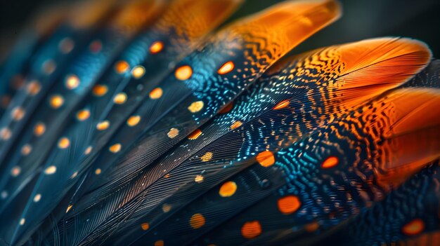 CloseUp of Vibrant and Colorful Bird Feathers with Intricate Patterns and Textures