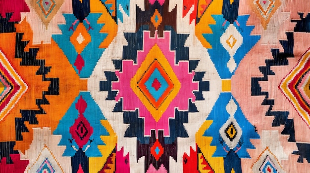 A closeup of a vibrant colorful geometric pattern on a woven textile