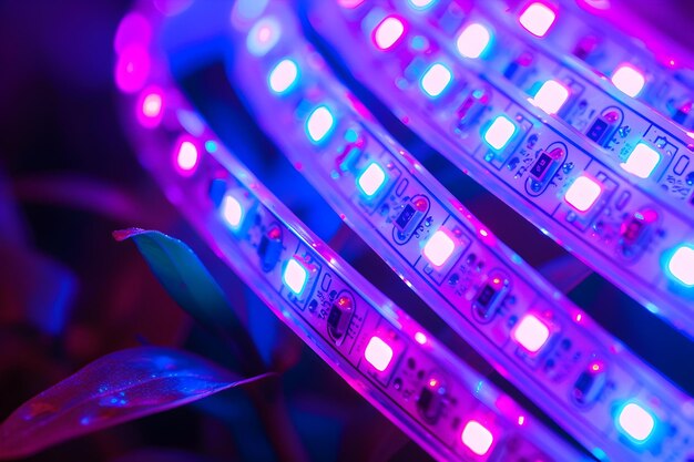 Photo closeup of vibrant colorful led lights with glowing abstract patterns