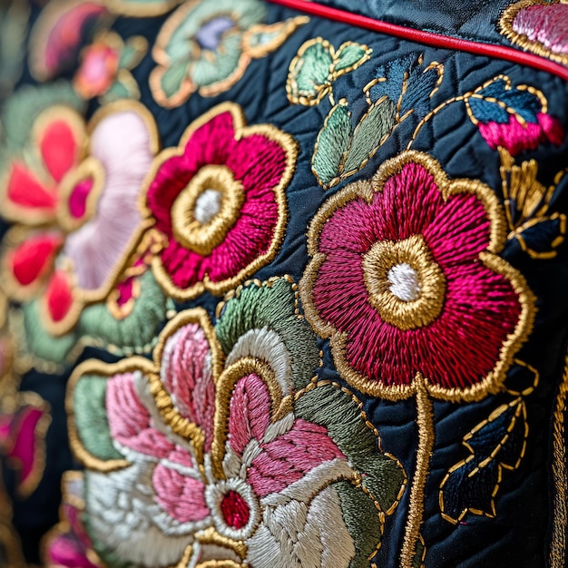 Closeup of vibrant embroidered flowers on black fabric