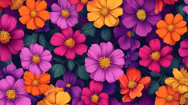 A closeup of a vibrant floral pattern with pink orange and purple flowers