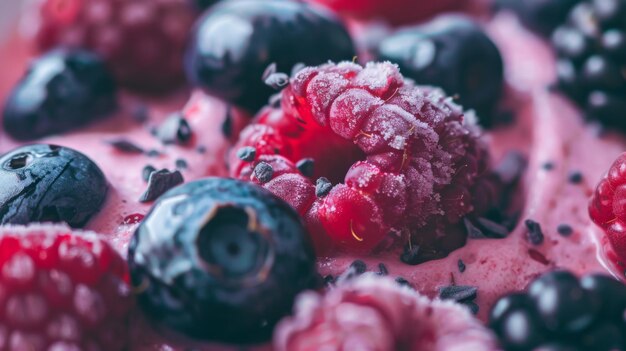 Photo closeup of vibrant frosty raspberries and blueberries capturing the fresh and juicy essence of these delicious healthy berries