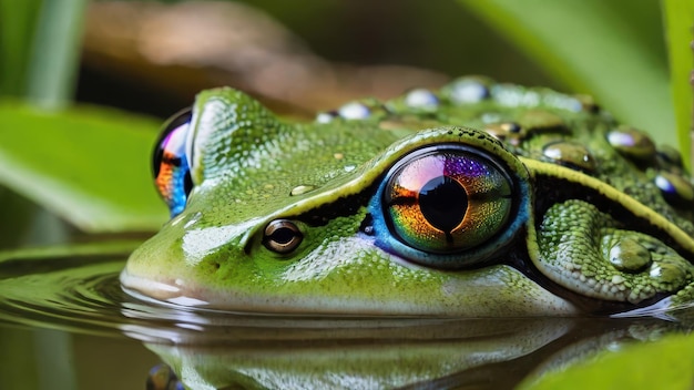 A closeup of a vibrant green frog with colorful eyes resting on leaves in water