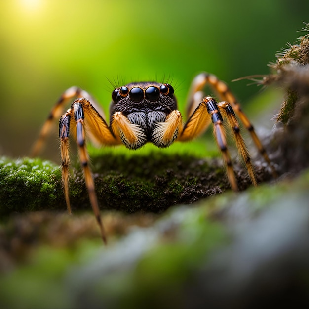 A closeup of a vibrant green jumping spider on moss