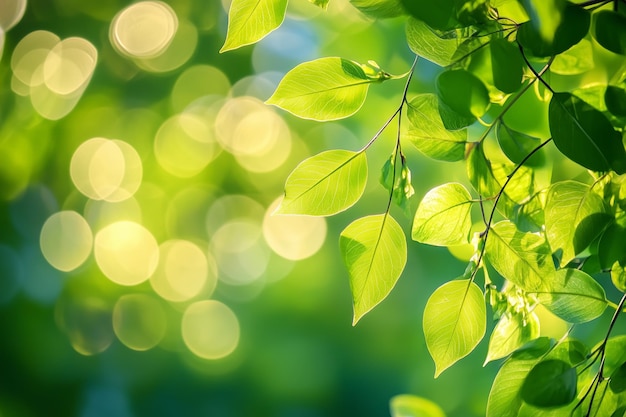 Closeup of vibrant green leaves illuminated by soft sunlight in a tranquil forest setting during late afternoon