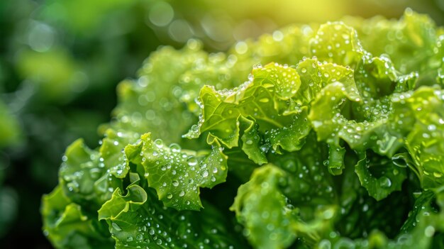 Closeup of vibrant green lettuce leaves covered in fresh water droplets under sunlight