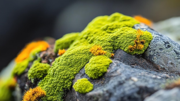 Photo a closeup of vibrant green moss growing on a rock showcasing nature39s intricate textures