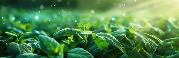 Closeup of vibrant green plant leaves with holographic elements