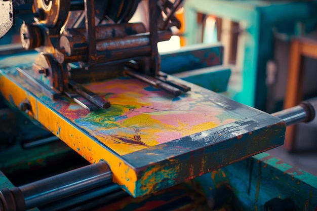 Photo closeup of vibrant ink on industrial printing press in workshop environment