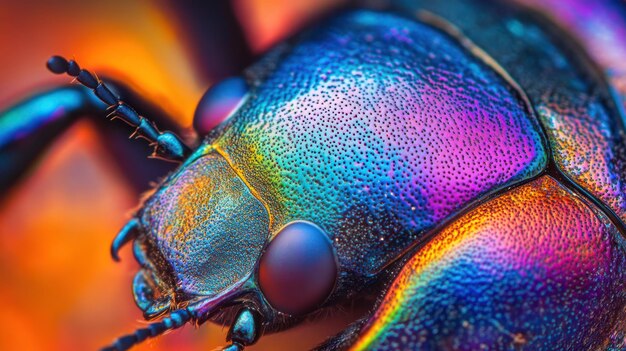 Photo closeup of a vibrant iridescent beetle showcasing intricate textures and colors