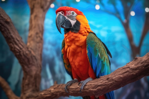 Closeup of a vibrant macaw perched on a tree branch created with generative ai