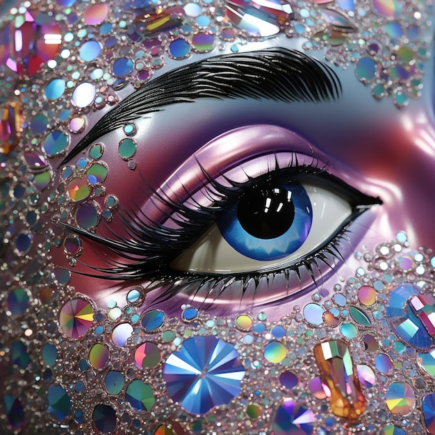 Photo closeup of vibrant makeup and colorful gems adorning an artistic eye