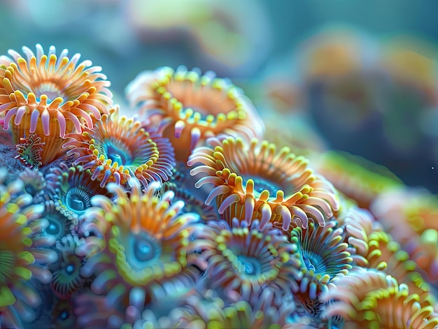 Photo closeup of vibrant multicolored sea anemones with intricate tentacle patterns showcasing a spectrum of neon hues and the rich biodiversity of a coral reef ecosystem aquatic life colorful