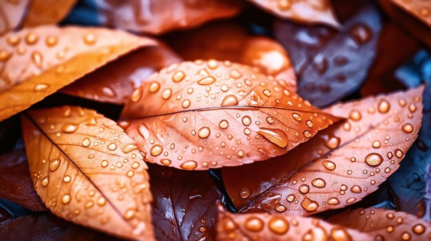 Photo closeup of vibrant orange autumn leaves covered in water droplets the image captures the texture and colors of wet leaves in a detailed and crisp manner