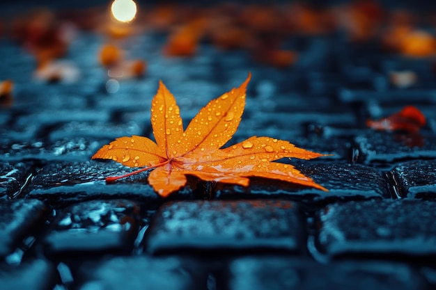 Closeup of a Vibrant Orange Maple Leaf with Water Droplets on Wet Cobblestone Street