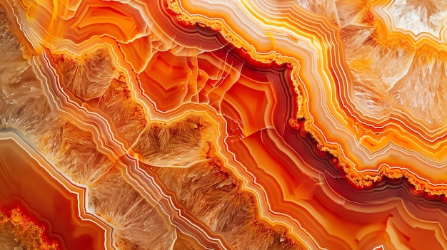 Closeup of vibrant orange and red agate stone texture displaying intricate bands and patterns