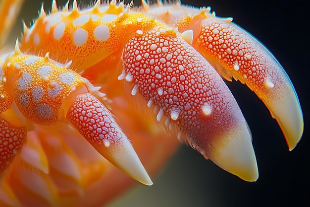 Closeup of a vibrant orange and white crab claw showcasing its intricate texture and sharp points