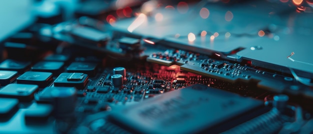 Photo closeup of a vibrant pcb with electronic components highlighted by soft colorful lighting and focus on intricate details