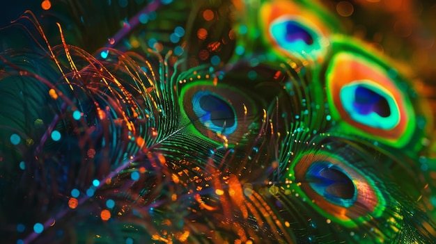 A closeup of vibrant peacock feathers glowing with iridescent colors sparkling with light reflections