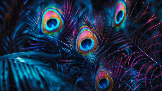 A closeup of vibrant peacock feathers showcasing a dazzling display of blue green and purple hues with intricate eyelike patterns