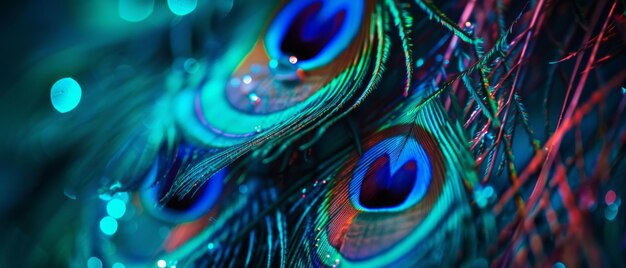 Photo closeup of vibrant peacock feathers showcasing intricate patterns and vivid colors under dramatic lighting