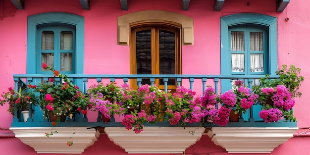 Closeup of vibrant pink architecture with colorful window blooms in Colombia Concept Travel Photography Architectural Detail Vibrant Colors Colombia Closeup Shot