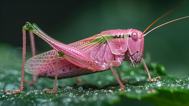 Closeup of a Vibrant Pink Grasshopper on a Leaf with Dewdrops in a Lush Green Environment