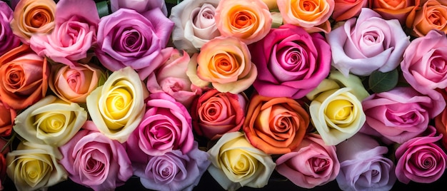 Closeup of vibrant pink yellow purple red cream and white roses