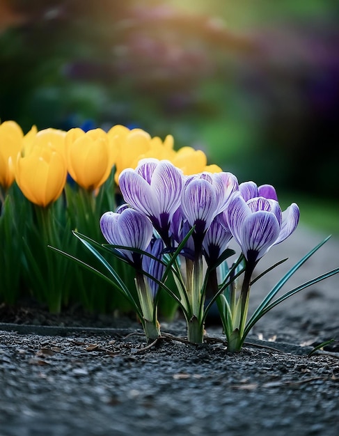 Photo a closeup of vibrant purple and yellow crocuses emerging from the ground in early spring