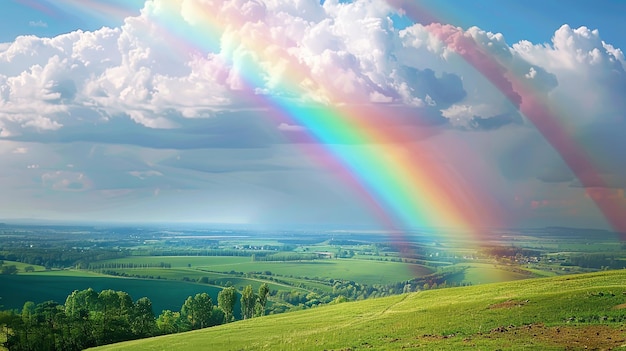 Closeup of a vibrant rainbow arching over a rural countryside adding a splash of color to the pastoral scene below