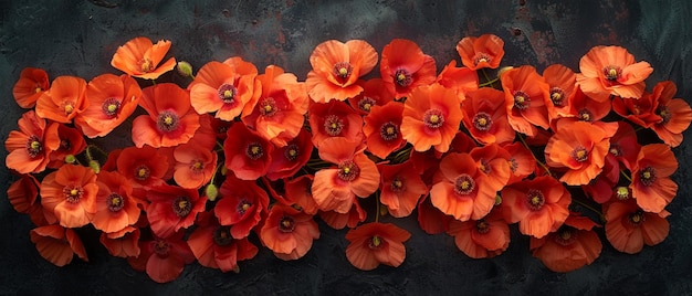 Closeup of vibrant red poppy flowers on a black stone