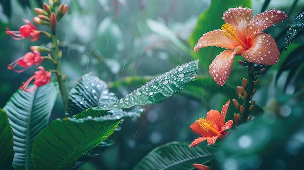 Closeup of vibrant tropical leaves and flowers with fresh raindrops showcasing natures texture and colors Rainforest