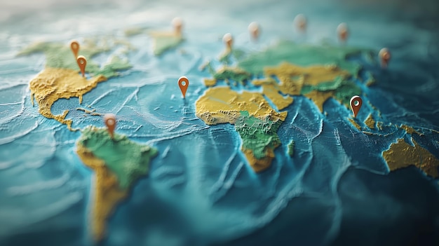 Closeup view of a 3D world map with multiple location pins placed on the surface