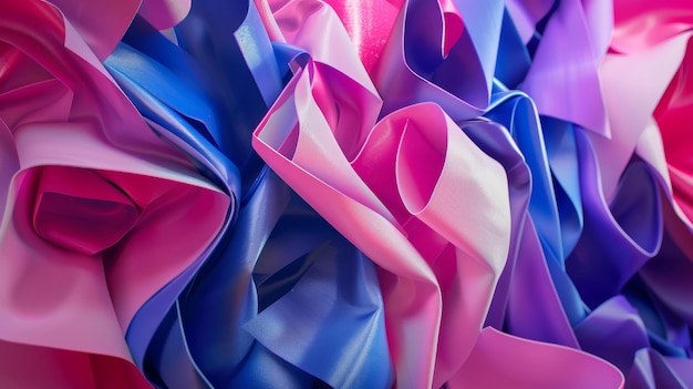 Closeup view of abstract fabric folds in vivid blue pink and purple hues merging into a captivating textured and visually appealing composition