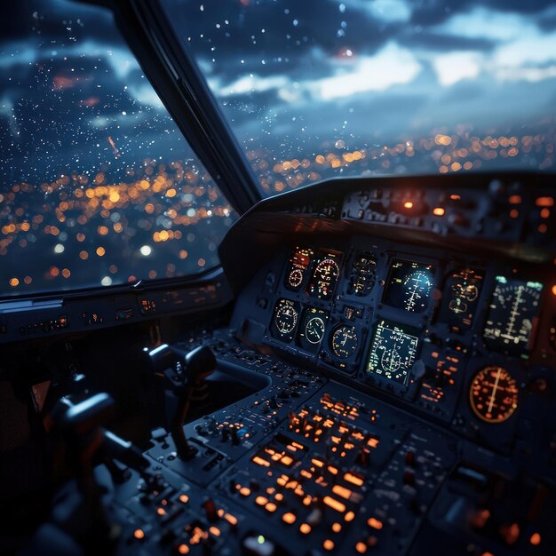 Photo a closeup view of an aircraft cockpit illuminated by vibrant control panels and soft ambient light during a rainy evening