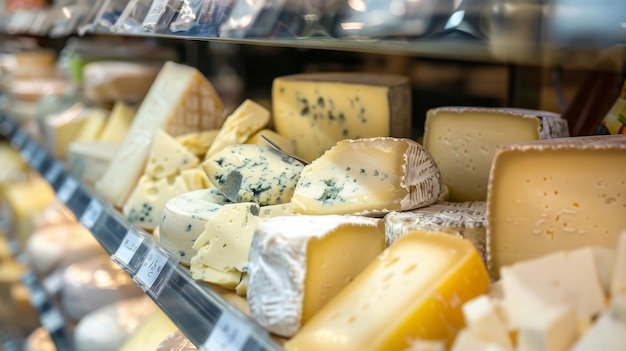 Photo a closeup view of an artisanal cheese display featuring a variety of delectable and diverse cheeses